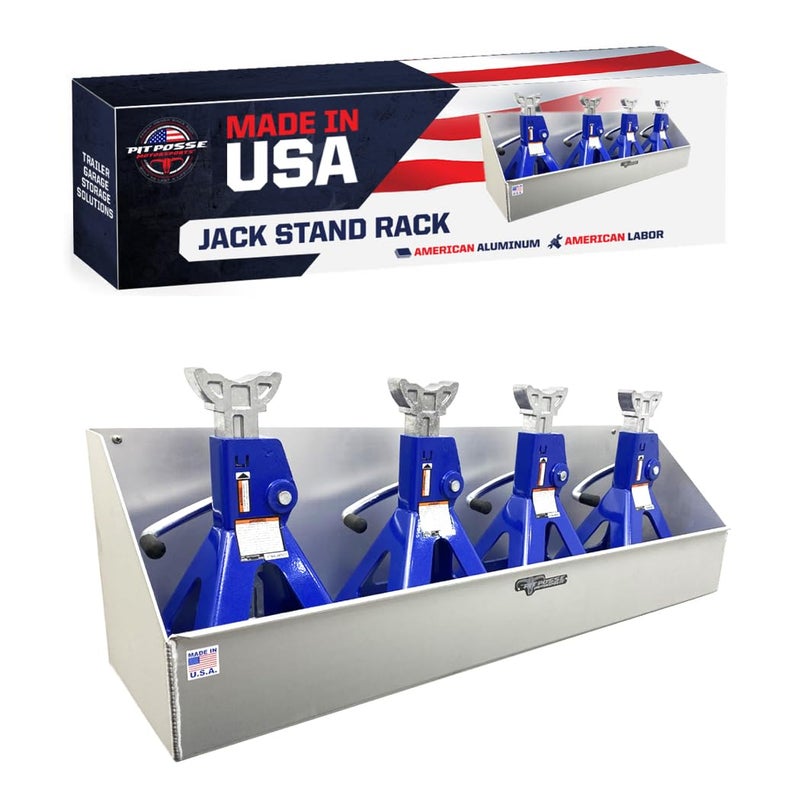 Pit Posse 449 Jack Stand Rack Holder Shelf for Trailer Garage - Made in USA - Aluminum Storage Enclosed Race Car Trailer Garage Shop Accessory Organizer Holds up to 4 Jack Stands 34 x 9 x 10 (Silver) - Image 1
